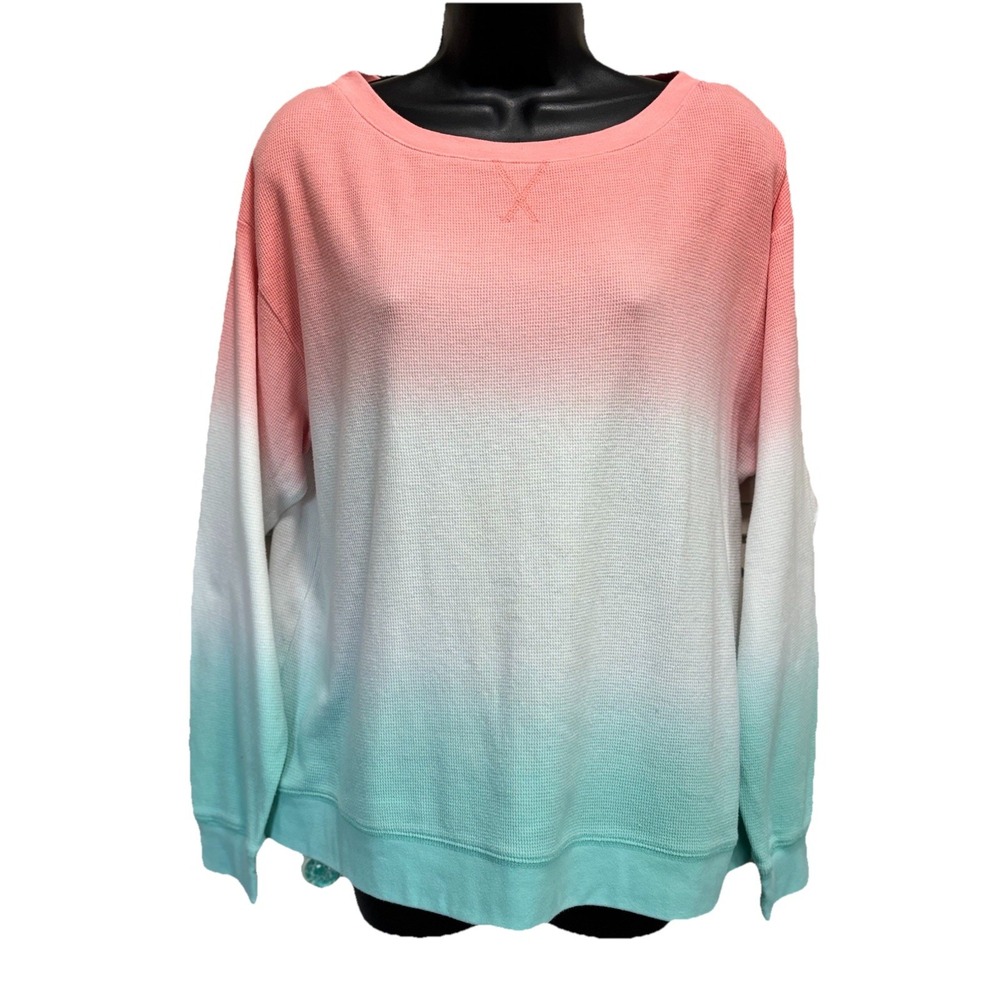 Splendid Tie Dye‎ Peach/Teal Long Sleeve Thermal Knit Top Size Medium Crew